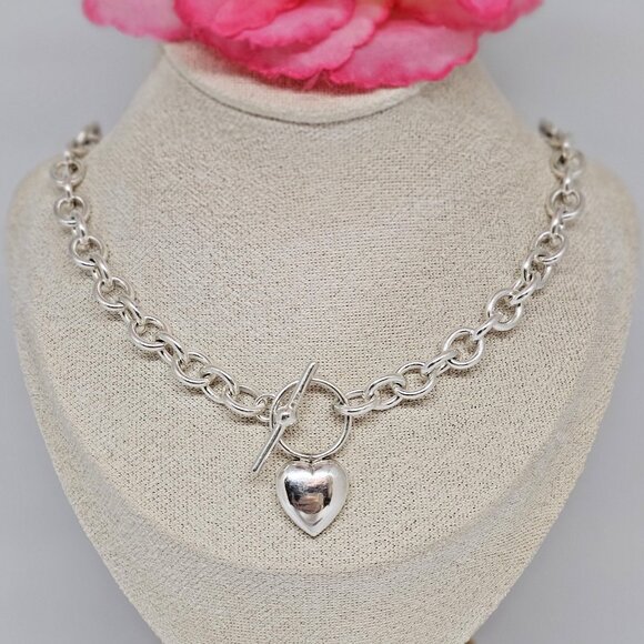 STERLING SILVER 925 HEART TOGGLE NECKLACE 20" - Picture 1 of 12
